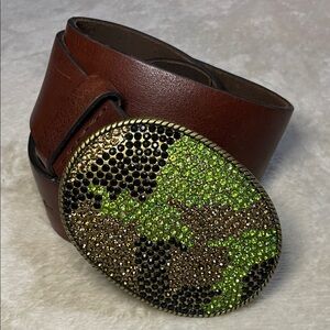 GAP Brown Genuine Leather Belt with Camo Crystal Rhinestone Buckle